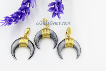 Crescent Moon Charms, Gray Mini Double Horn Natural Shell Pendant, Double Horn Small Charm Pendant